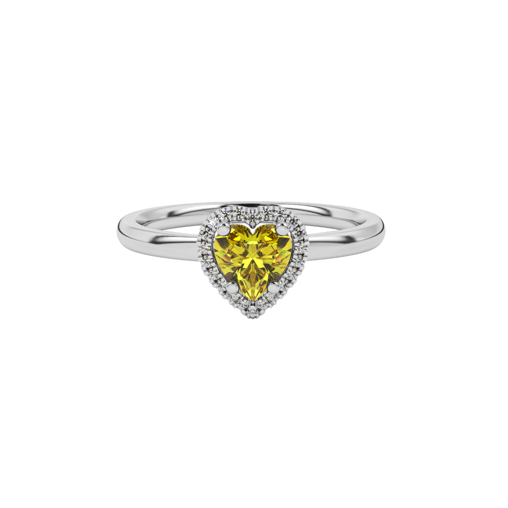 Close-up angled shot of Canary Yellow heart cut halo ring in white gold on finger