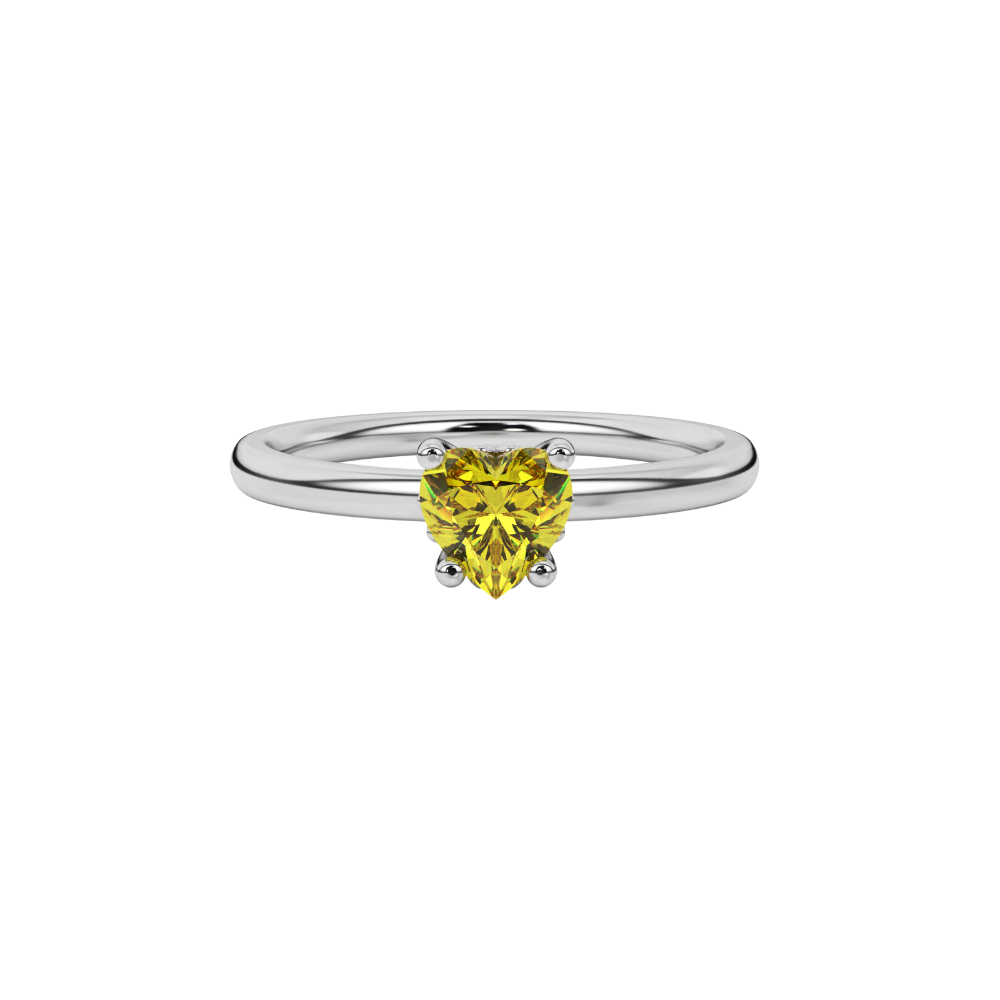 Close-up angled shot of Canary Yellow heart cut lotus basket halo ring in white gold
