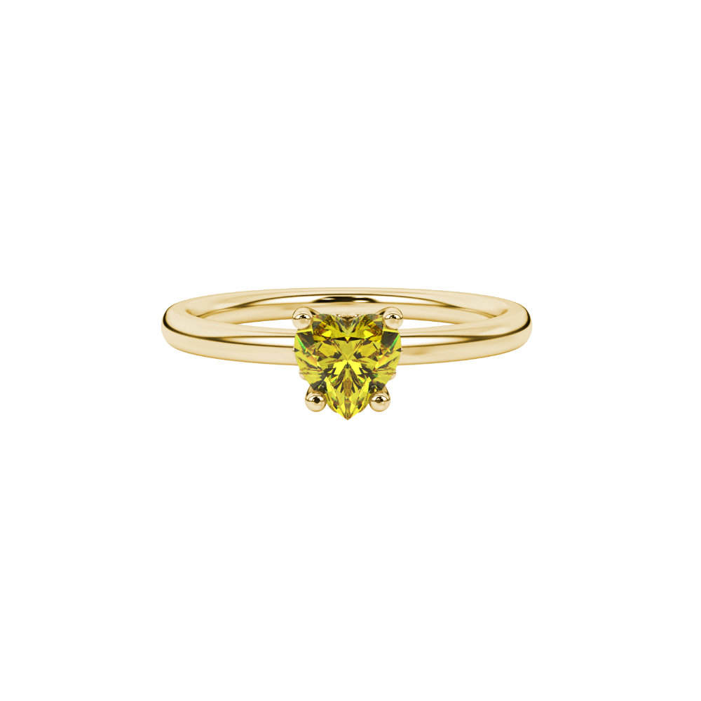 Close-up angled shot of Canary Yellow heart cut lotus basket halo ring in yellow gold