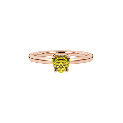 Close-up angled shot of Canary Yellow heart cut lotus basket halo ring in rose gold