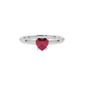 Close-up angled shot of Raspberry Red heart cut lotus basket halo ring in white gold