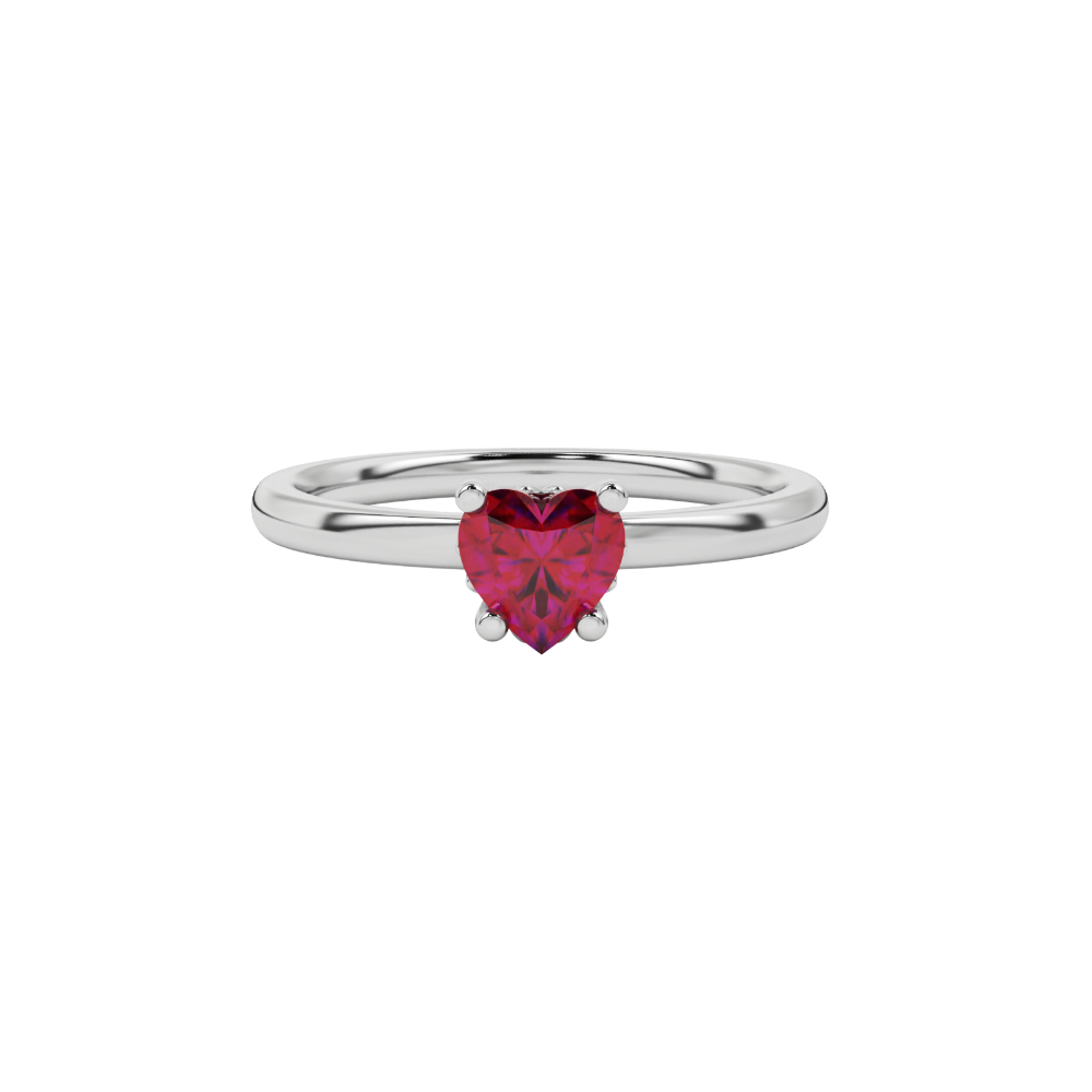 Close-up angled shot of Raspberry Red heart cut lotus basket halo ring in white gold