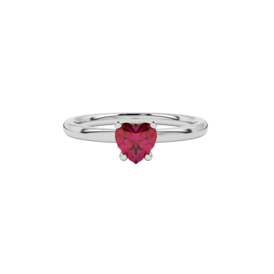Close-up angled shot of Raspberry Red heart cut lotus basket halo ring in white gold