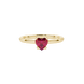 Close-up angled shot of Raspberry Red heart cut lotus basket halo ring in yellow gold