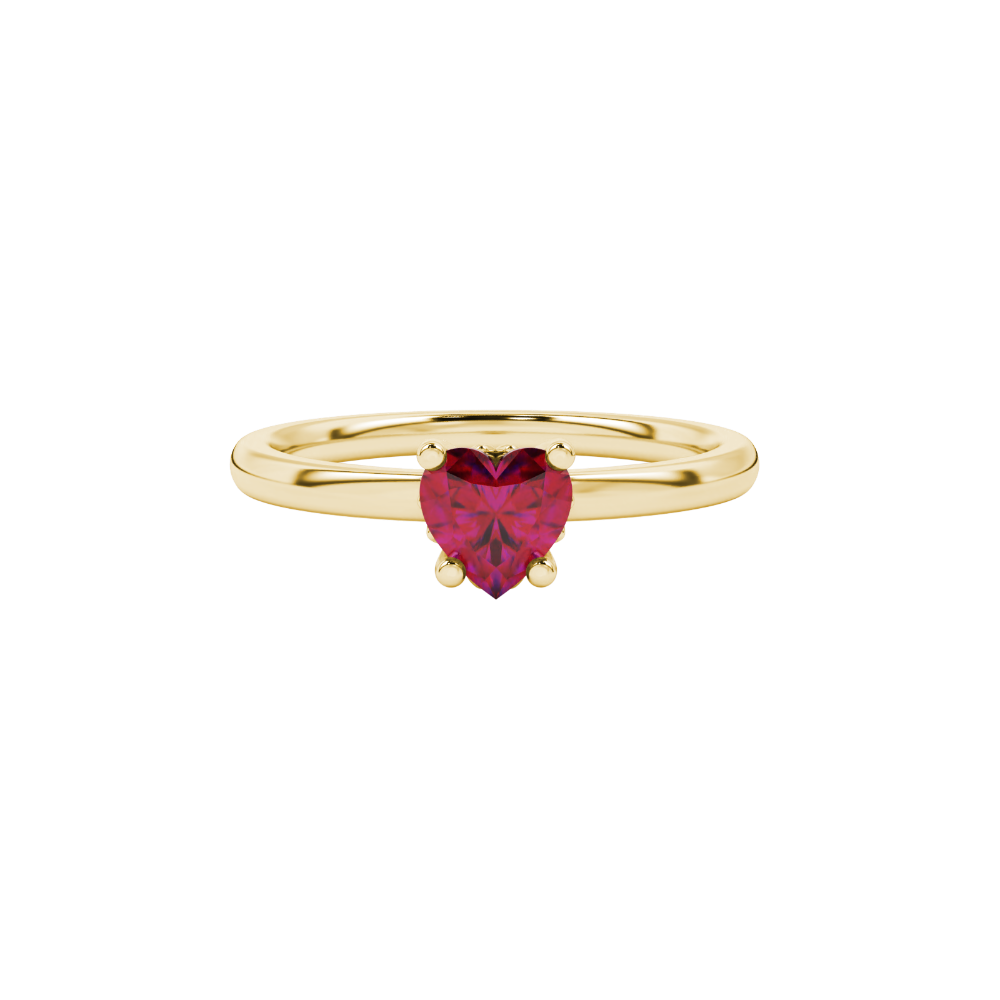 Close-up angled shot of Raspberry Red heart cut lotus basket halo ring in yellow gold