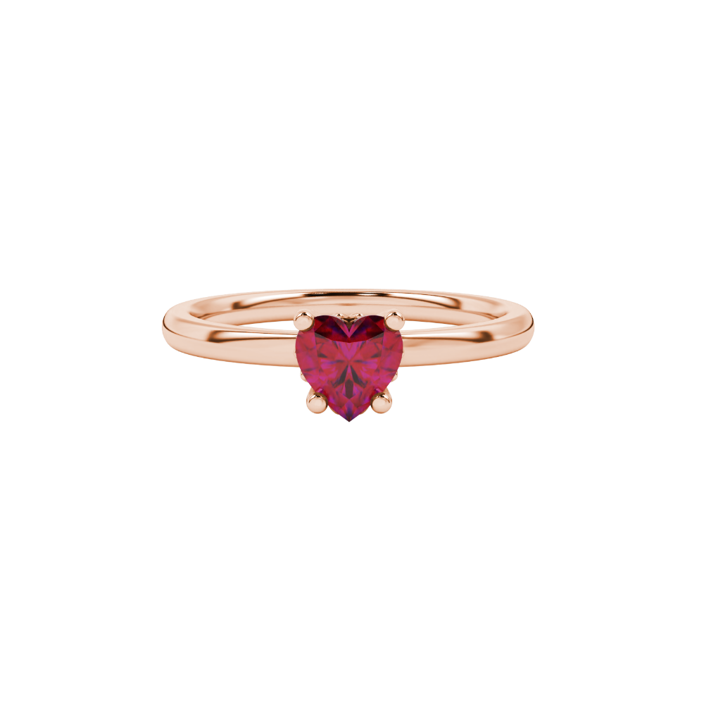 Close-up angled shot of Raspberry Red heart cut lotus basket halo ring in rose gold