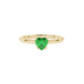 Close-up angled shot of Emerald Green heart cut lotus basket halo ring in yellow gold