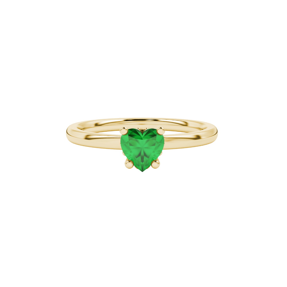 Close-up angled shot of Emerald Green heart cut lotus basket halo ring in yellow gold