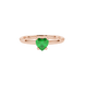 Close-up angled shot of Emerald Green heart cut lotus basket halo ring in rose gold