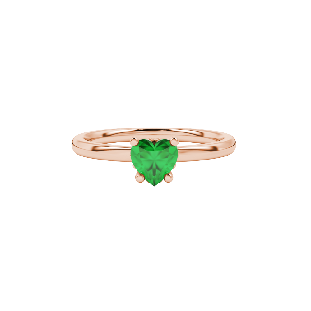 Close-up angled shot of Emerald Green heart cut lotus basket halo ring in rose gold
