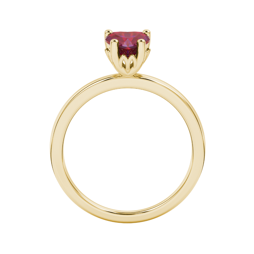 Raspberry Red heart cut gemstone lotus basket halo ring in yellow gold