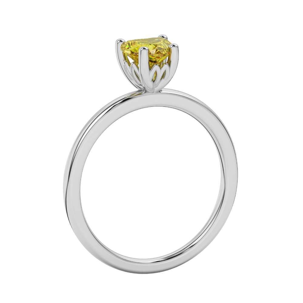 Side view of Canary Yellow heart cut gemstone halo ring showcasing the white gold