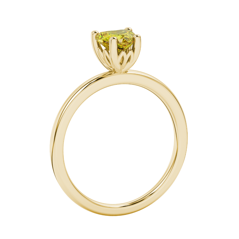 Side view of Canary Yellow heart cut gemstone halo ring showcasing the yellow gold