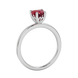 Side view of Raspberry Red heart cut gemstone halo ring showcasing the white gold
