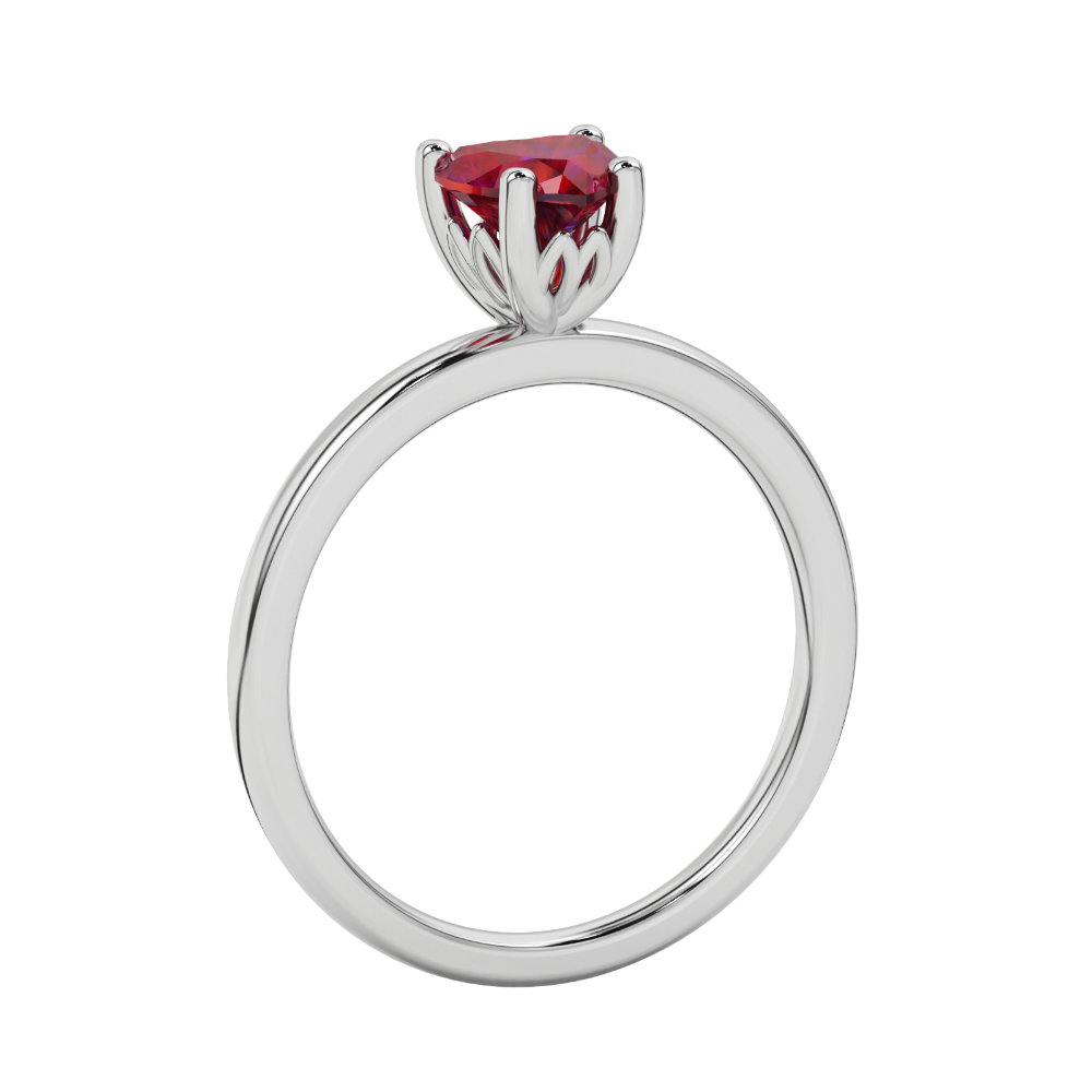 Side view of Raspberry Red heart cut gemstone halo ring showcasing the white gold