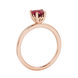 Side view of Raspberry Red heart cut gemstone halo ring showcasing the rose gold
