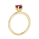 Side view of Raspberry Red heart cut gemstone halo ring showcasing the yellow gold