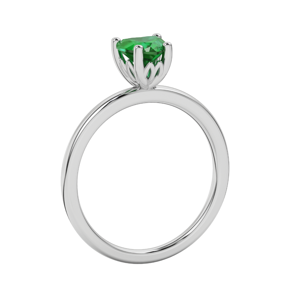 Side view of Emerald Green heart cut gemstone halo ring showcasing the white gold