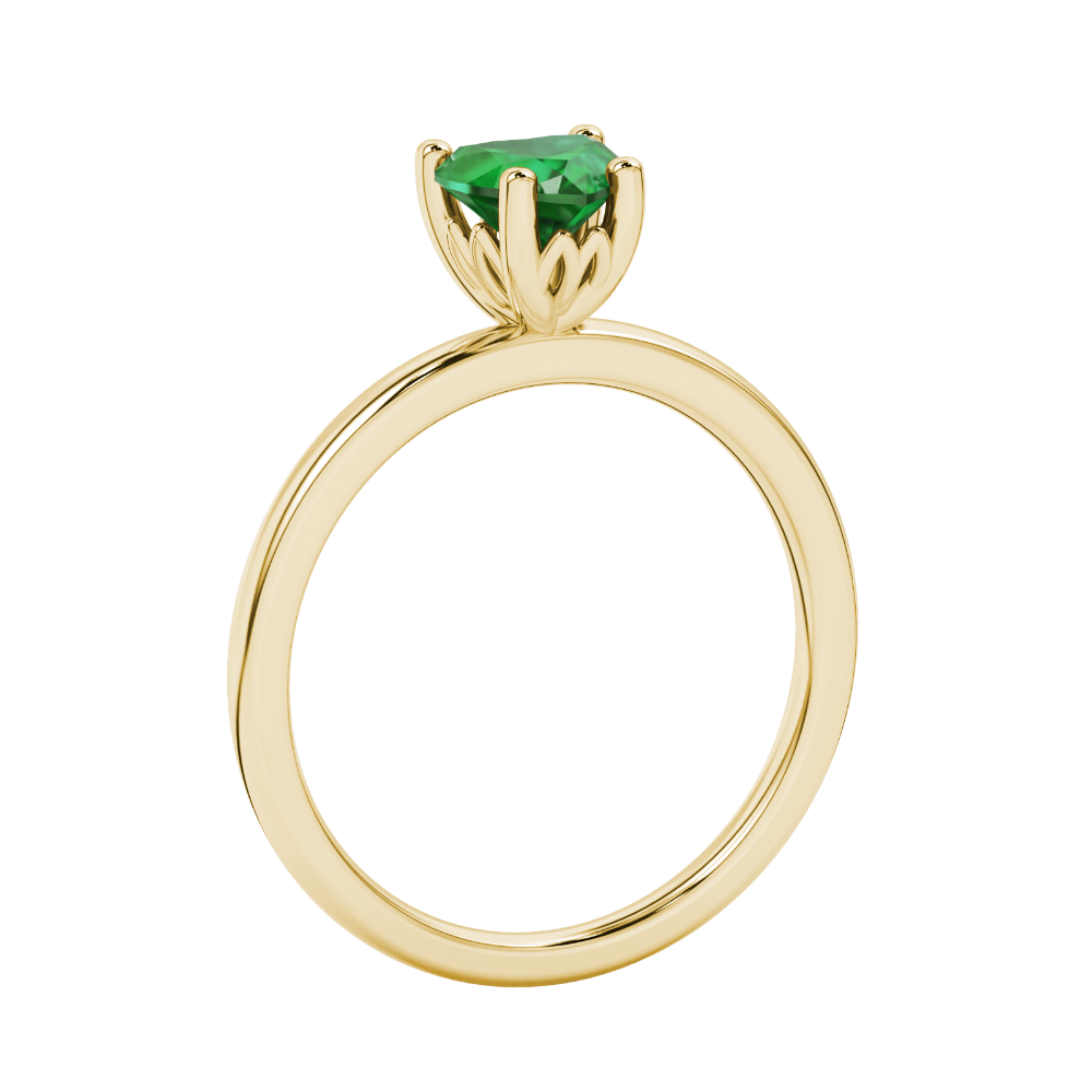 Side view of Emerald Green heart cut gemstone halo ring showcasing the yellow gold
