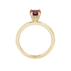 Heart-cut raspberry red gemstone solitaire ring in a yellow gold four-prong setting.