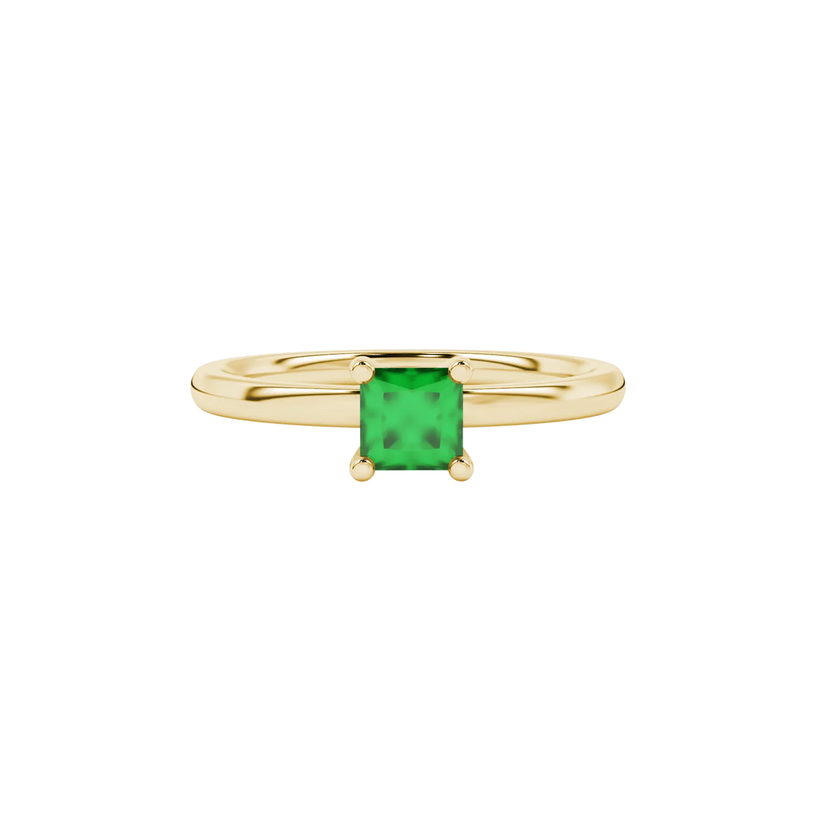 Close-up, princess emerald green gemstone, yellow gold four-prong ring.