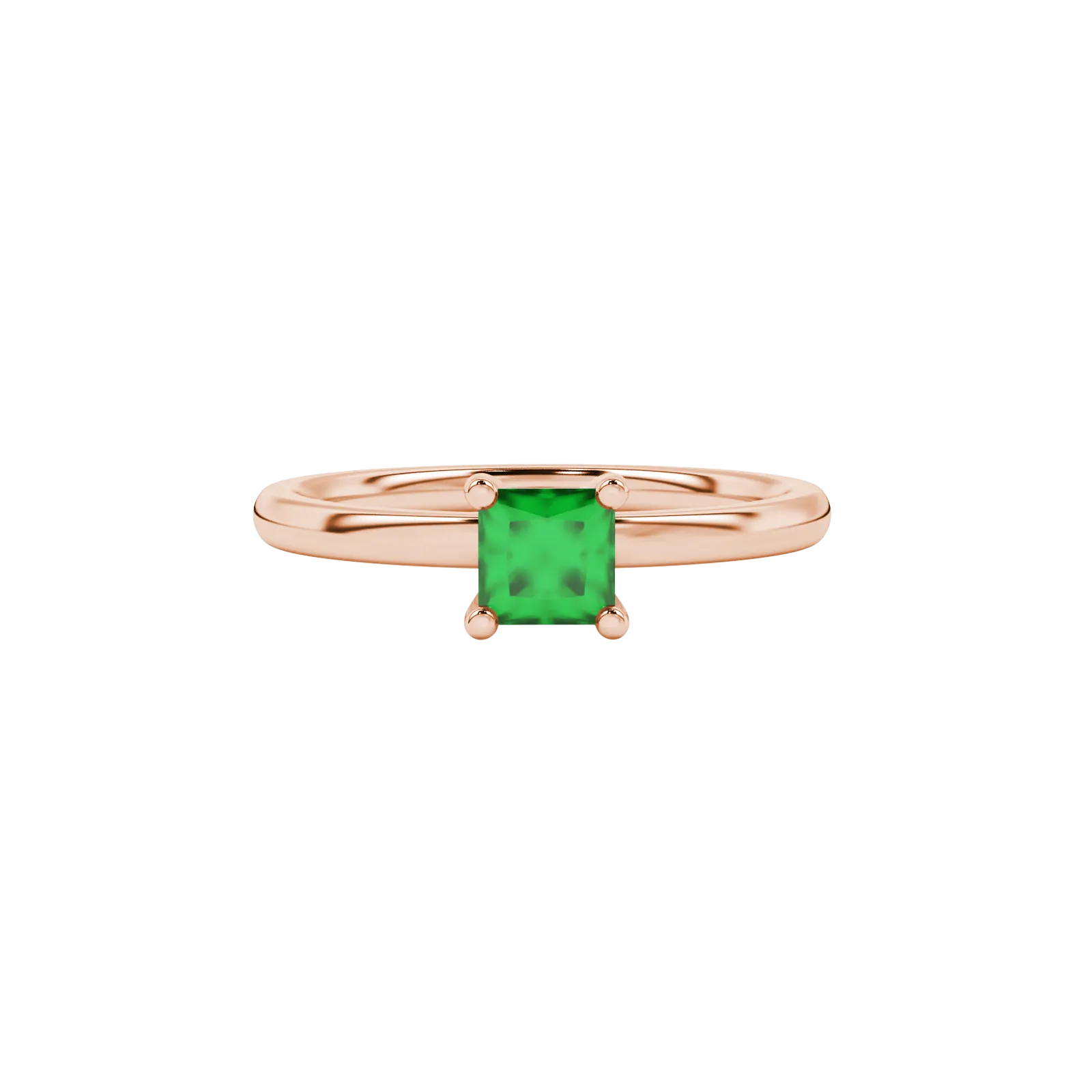 Close-up, princess emerald green gemstone ring, rose gold four-prong setting.