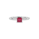 Close-up raspberry red gemstone ring, white gold four-prong setting.