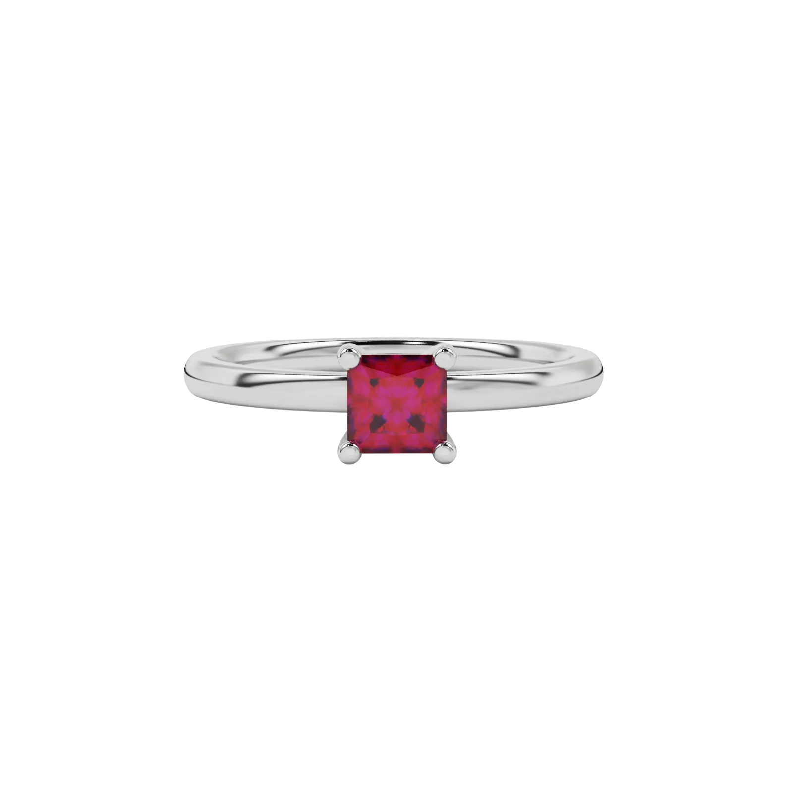 Close-up raspberry red gemstone ring, white gold four-prong setting.