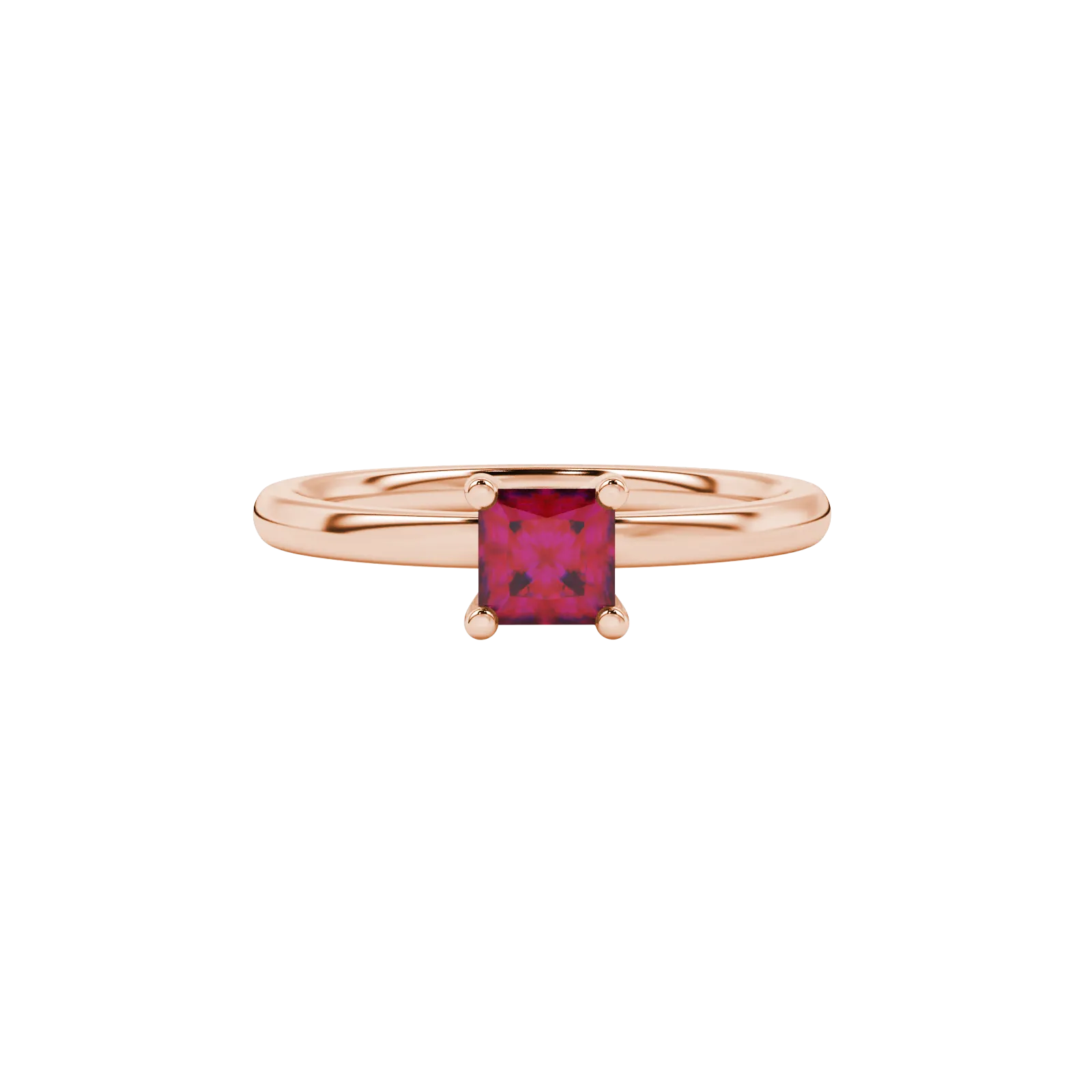 Close-up, princess raspberry red gemstone ring, rose gold four-prong setting.