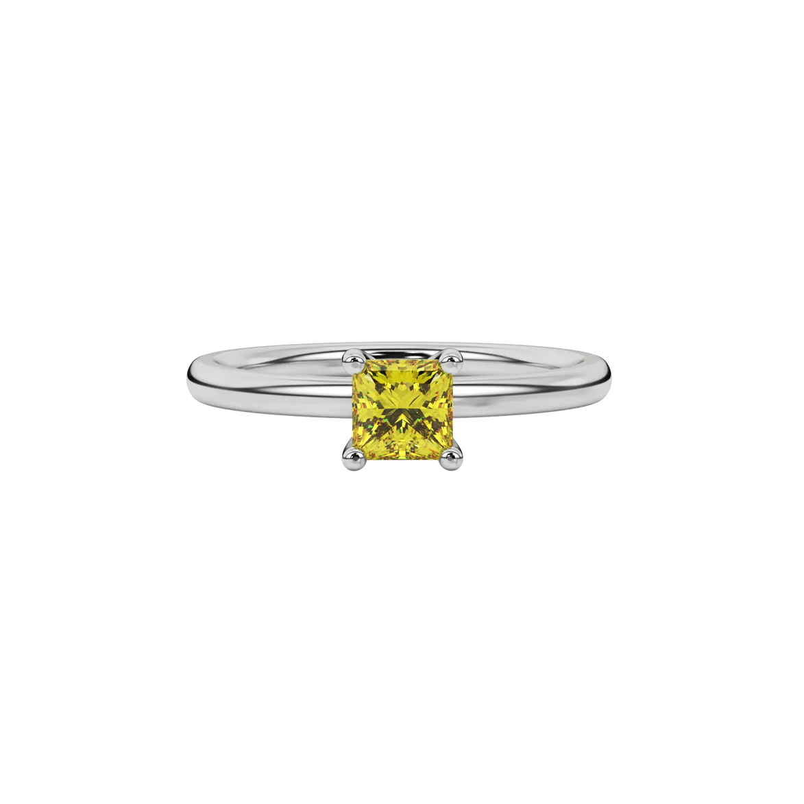 Close-up canary yellow gemstone ring, white gold four-prong setting