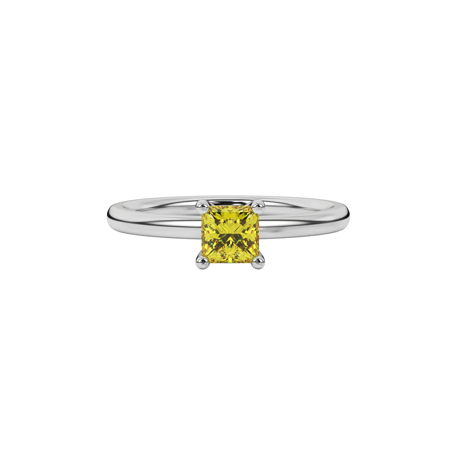 Close-up canary yellow gemstone ring, white gold four-prong setting
