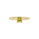 Close-up, princess canary yellow gemstone, yellow gold four-prong ring.