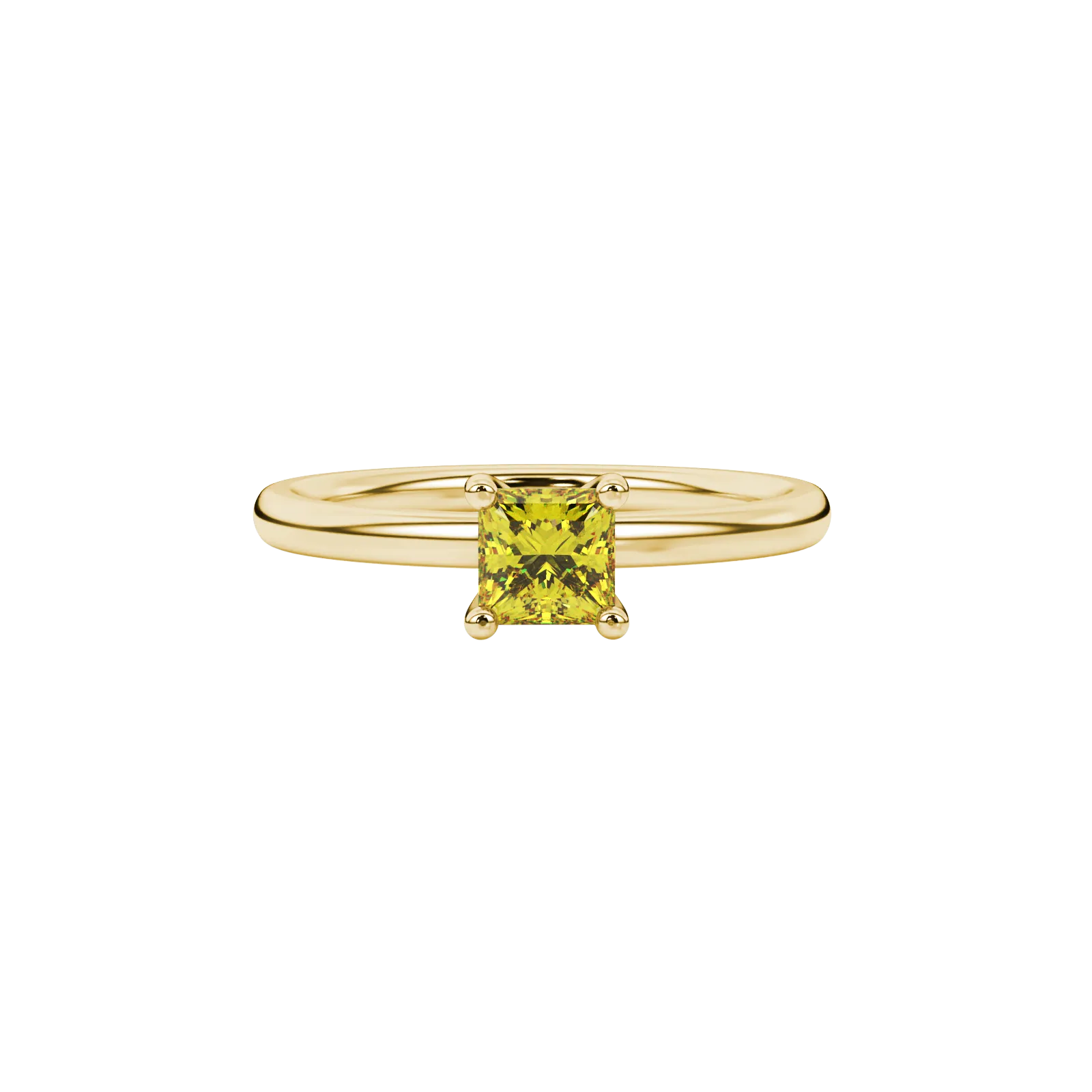 Close-up, princess canary yellow gemstone, yellow gold four-prong ring.