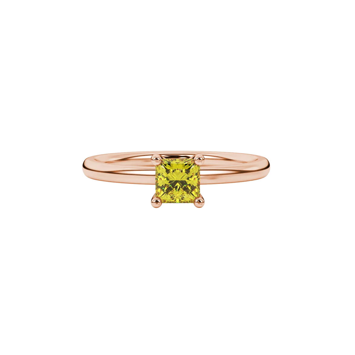 Close-up, princess canary yellow gemstone ring, rose gold four-prong setting.