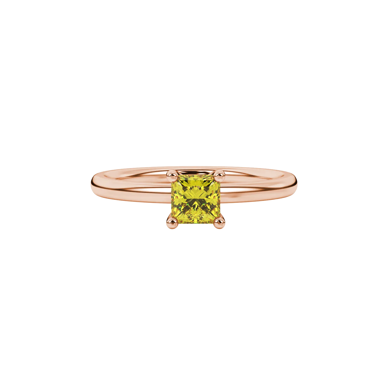 Close-up, princess canary yellow gemstone ring, rose gold four-prong setting.
