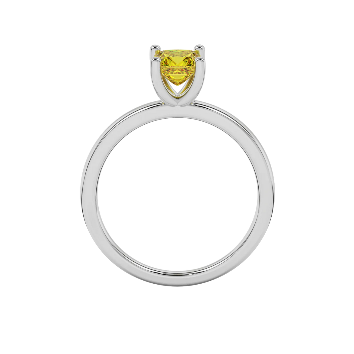 Princess canary yellow gemstone ring, white gold four-prong setting.