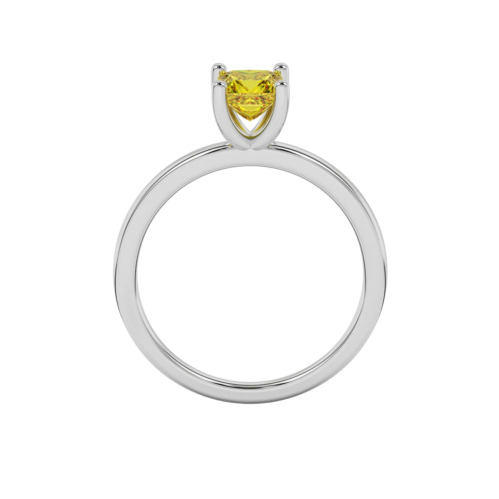 Princess canary yellow gemstone ring, white gold four-prong setting.