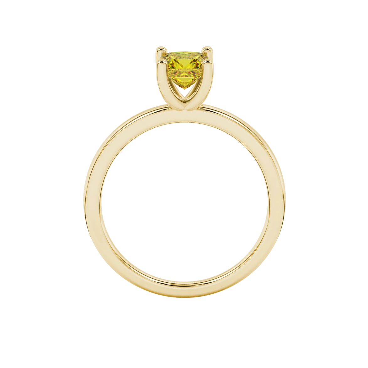 Princess canary yellow gemstone ring, yellow gold four-prong setting.