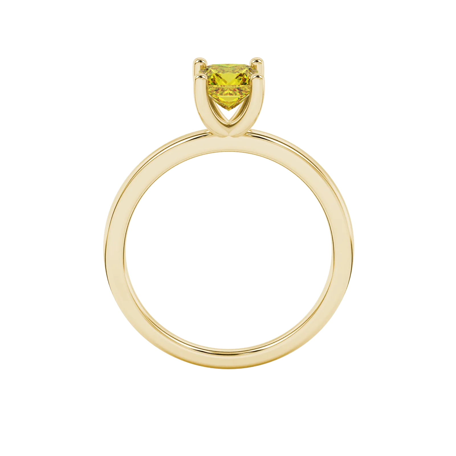Princess canary yellow gemstone ring, yellow gold four-prong setting.