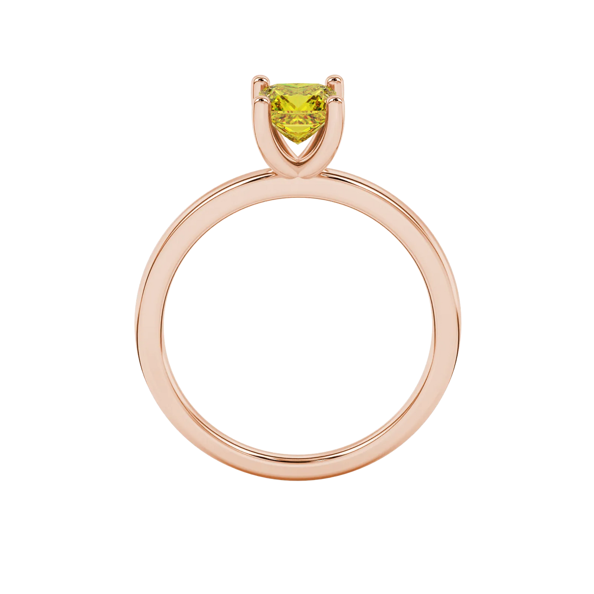 Princess canary yellow gemstone ring, rose gold four-prong setting.