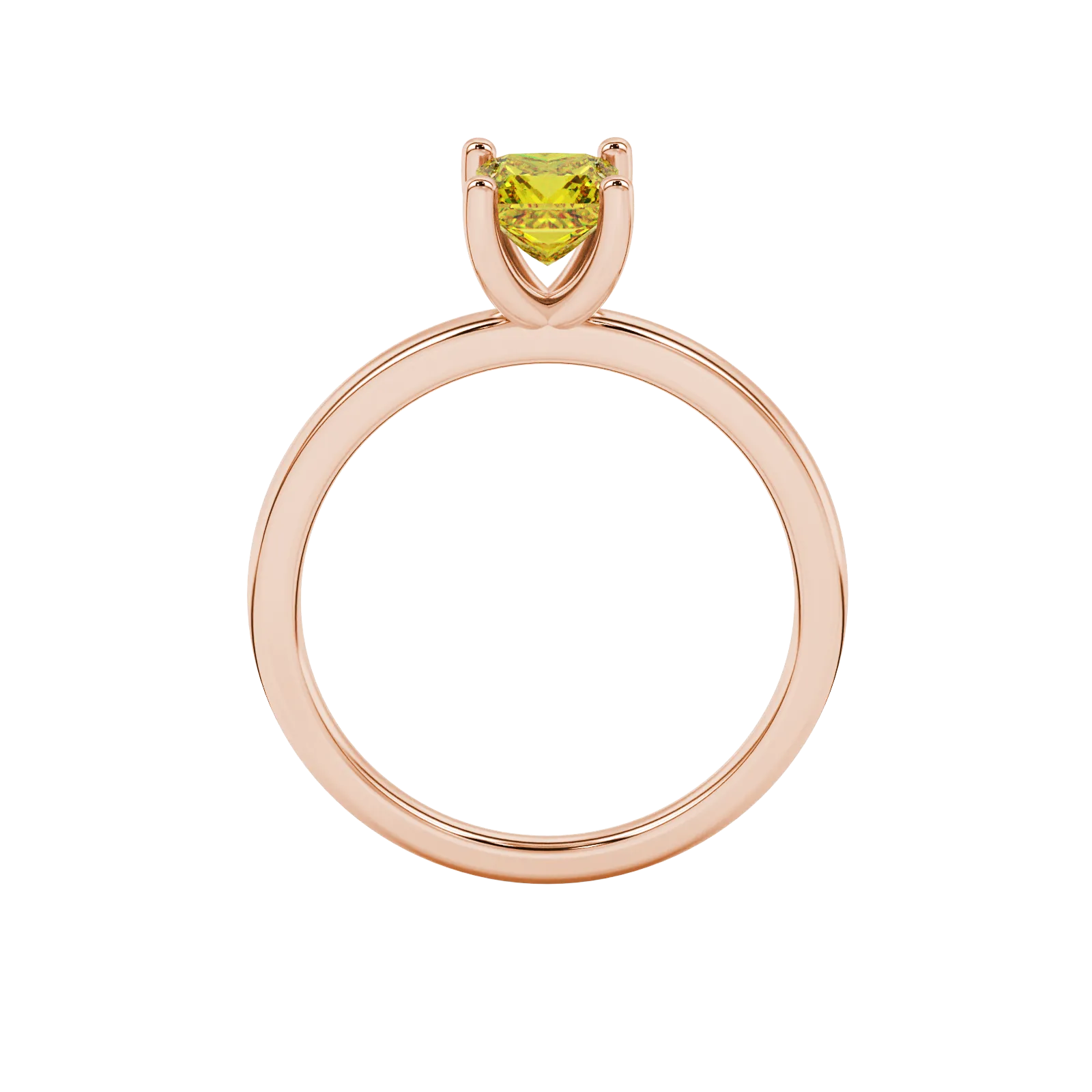 Princess canary yellow gemstone ring, rose gold four-prong setting.