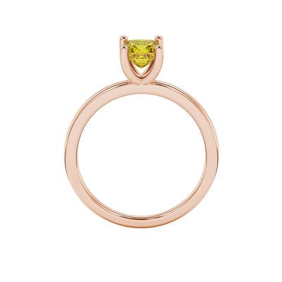 Princess canary yellow gemstone ring, rose gold four-prong setting.
