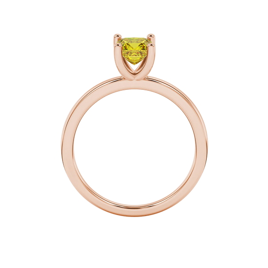 Princess canary yellow gemstone ring, rose gold four-prong setting.