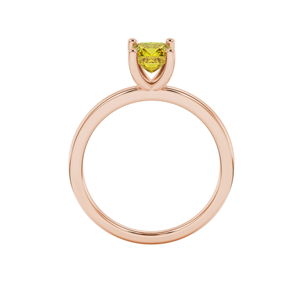 Princess canary yellow gemstone ring, rose gold four-prong setting.