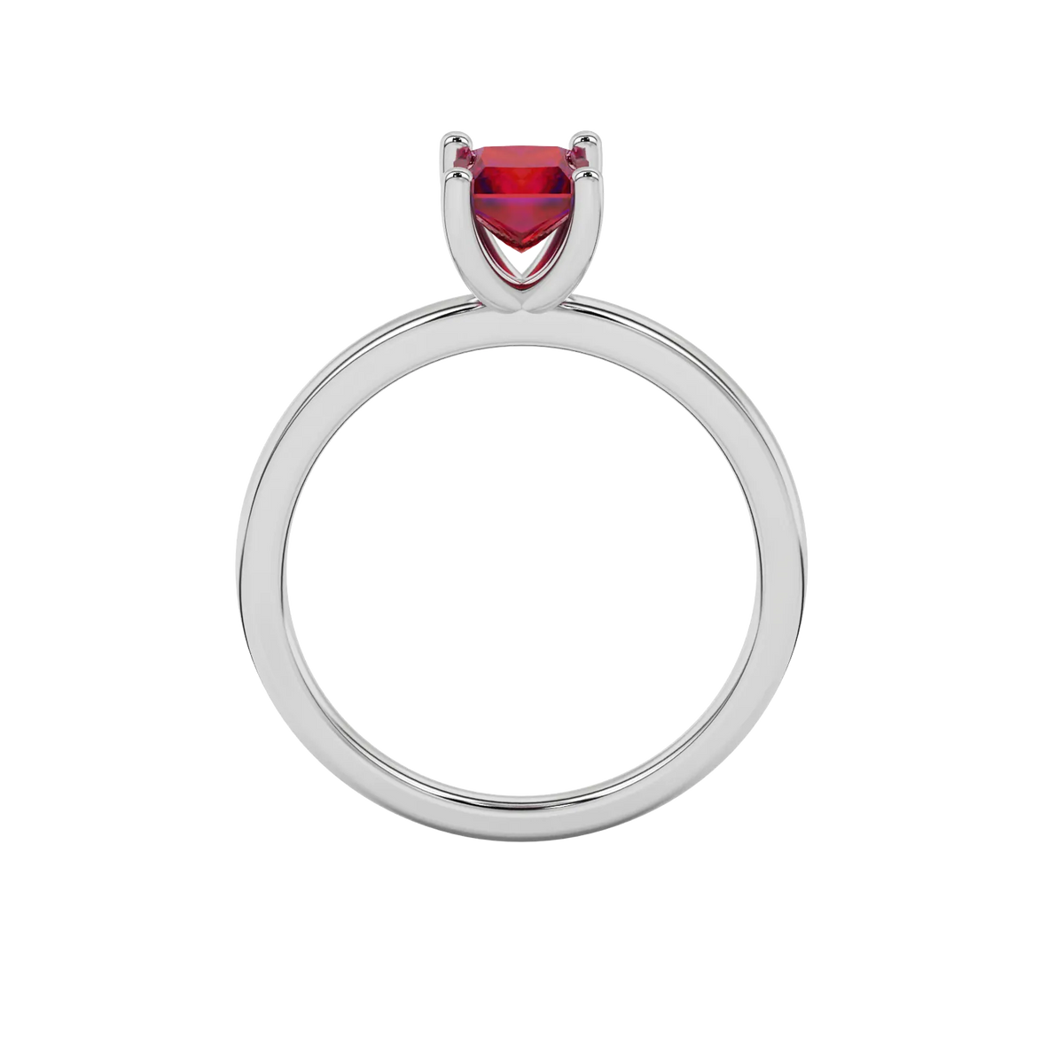 Princess raspberry red gemstone ring, white gold four-prong setting.