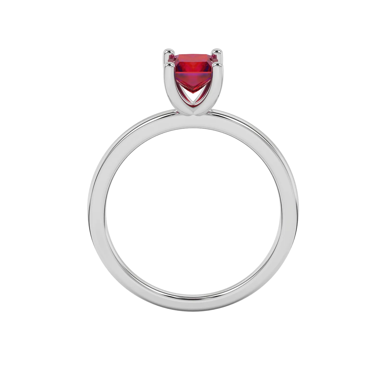 Princess raspberry red gemstone ring, white gold four-prong setting.