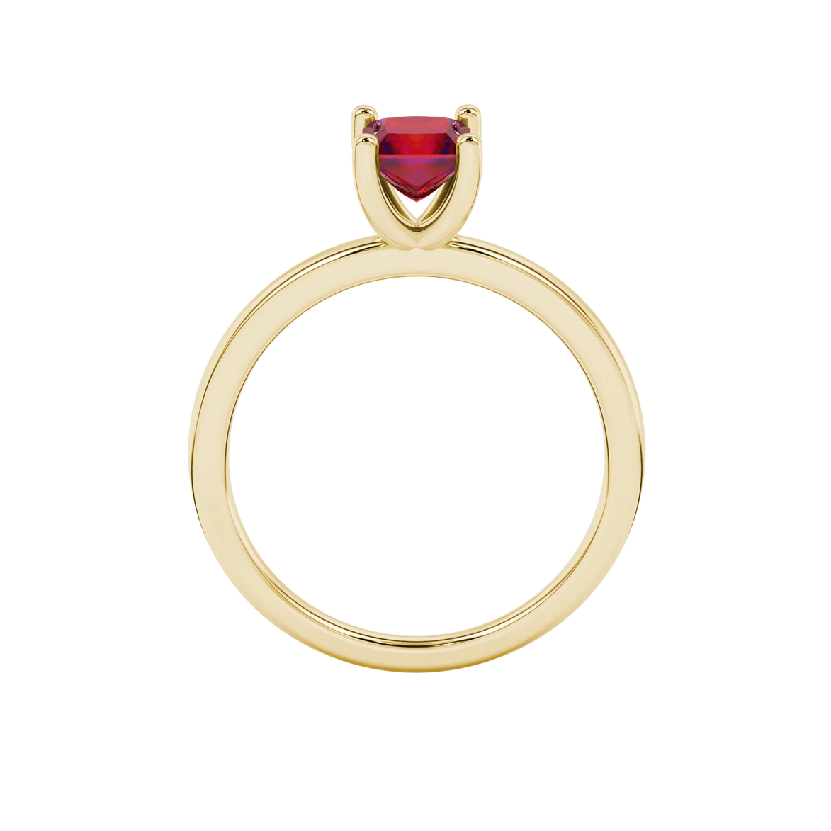Princess raspberry red gemstone ring, yellow gold four-prong setting.