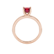 Princess raspberry red gemstone ring, rose gold four-prong setting.