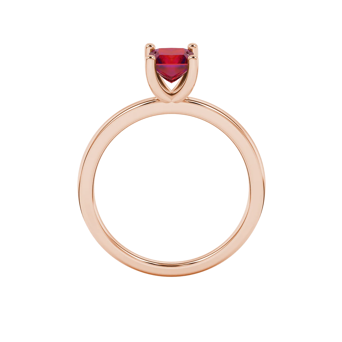 Princess raspberry red gemstone ring, rose gold four-prong setting.