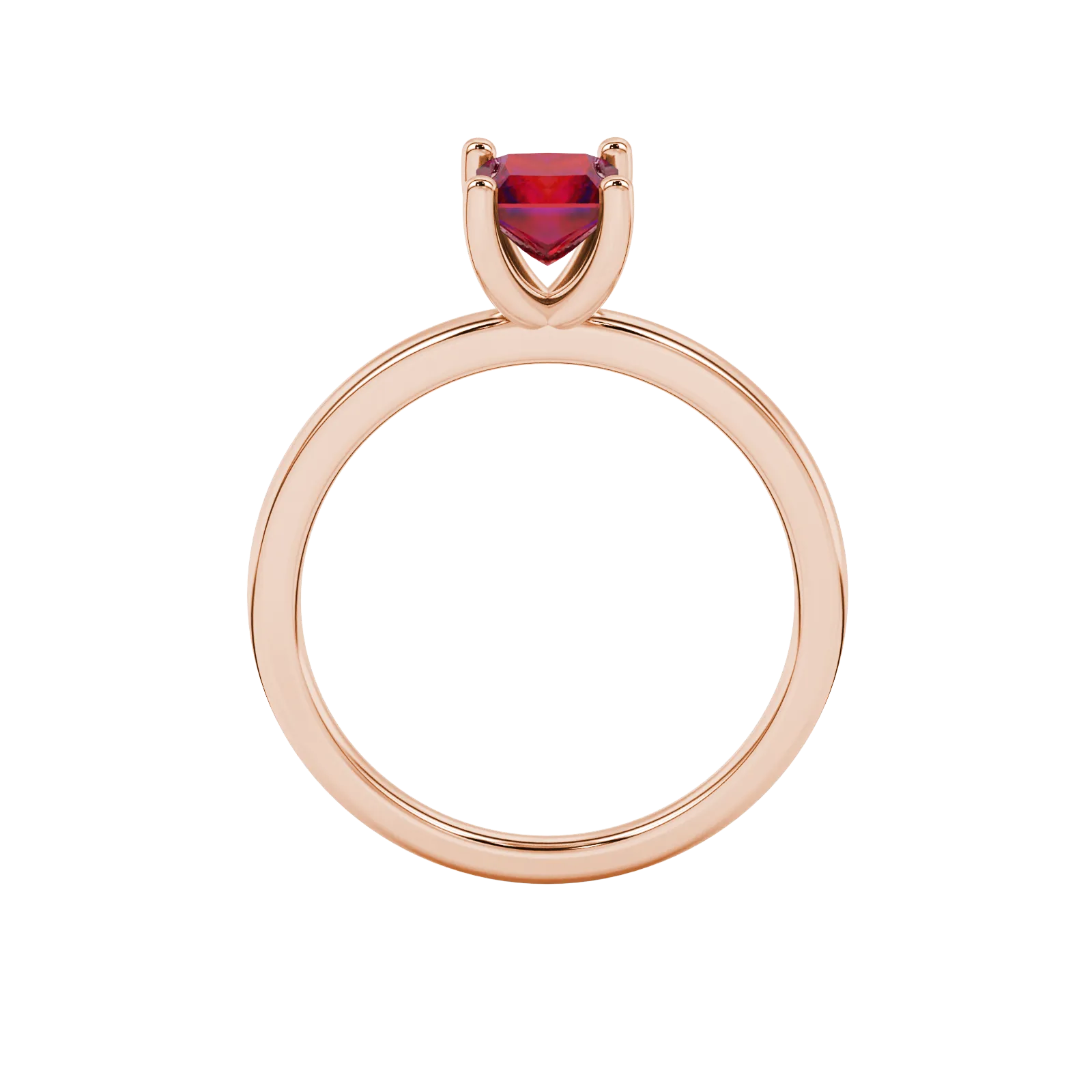 Princess raspberry red gemstone ring, rose gold four-prong setting.